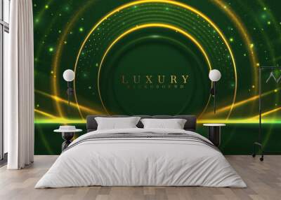 Green luxury background with gold line curve decoration and light effect with bokeh elements. Stage scene empty for promote product or award ceremony. Wall mural