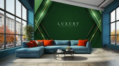 Green on dark shade with elegance golden line elements. Realistic luxury background paper cut style 3d modern concept. Space for paste text. Vector illustration for design. Wall mural