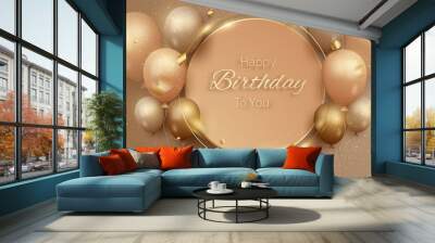 Happy birthday card with luxury balloons and ribbon. 3d realistic style. vector illustration for design. Wall mural