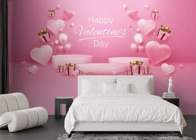 Happy valentine's day background with sale banner template with realistic 3d podium elements, gift box, balloons and ribbon with glitter light effects. Wall mural