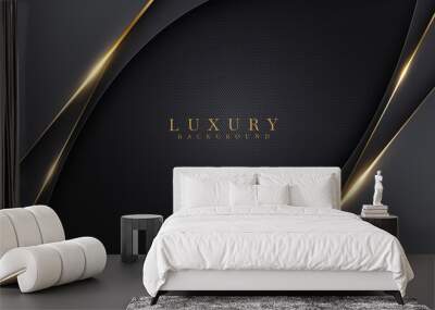 Luxury abstract background with golden lines on dark, modern black backdrop concept 3d style. Illustration from vector about modern template deluxe design. Wall mural