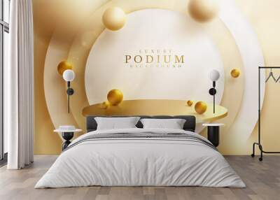 Luxury background with product display podium and 3d gold ball element and blur effect decoration and glitter light and bokeh. Wall mural