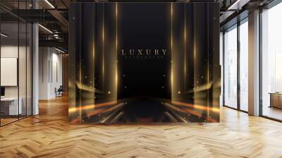 Luxury black stage background with gold light effects decorations and bokeh. Wall mural