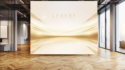 Luxury cream color background with golden line elements and curve light effect decoration and bokeh. Wall mural