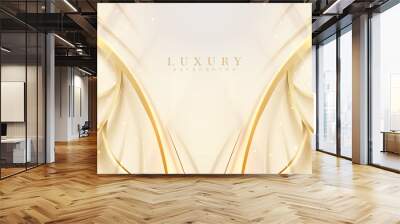 Luxury cream color background with golden line elements and curve light effect decoration and bokeh. Wall mural