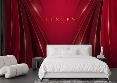 Luxury golden curve line with glittering light decoration and star effect elements. Red background. Wall mural