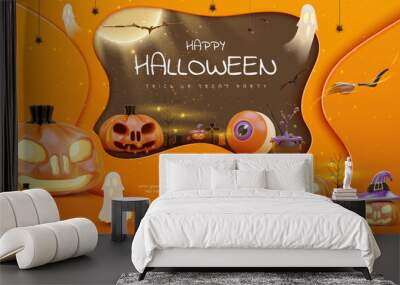 Paper cut style halloween poster with design elements cute 3d realistic pumpkins, skulls, ghosts, spiders, bats and moons on orange background with golden light effect decoration. Wall mural