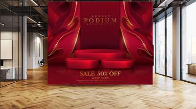 Product display podium with golden curve line elements and fire pattern with glitter light effect decoration. Red luxury background. Wall mural