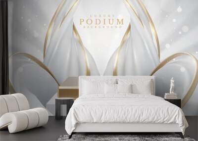 Product display podium with white liquid element with golden curve lines decoration and glitter light effect. Realistic luxury style design. Vector illustration. Wall mural