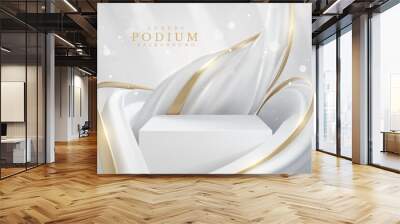 Product display podium with white liquid element with golden curve lines decoration and glitter light effect. Realistic luxury style design. Vector illustration. Wall mural