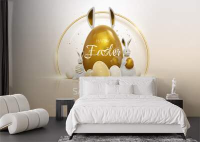 Realistic 3d rabbit with easter golden egg elements with ribbon decorations. Wall mural