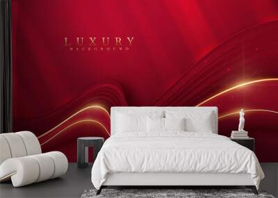 Red luxury background with golden curve elements and glitter light effect decoration. Wall mural