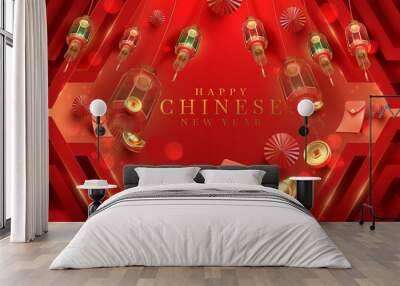 Red luxury style background with 3d realistic chinese new year ornaments with light effect decorations and bokeh. Wall mural