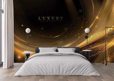 Shiny golden light waves luxury on black background. Vector illustration. Wall mural