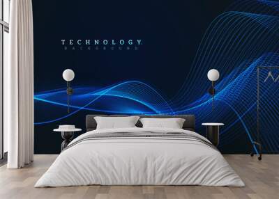 Small particle data waves interspersed with blue curves, futuristic digital technology background. Vector Illustration. Wall mural