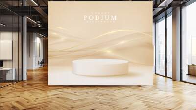 White podium display product and sparkle golden curve line element, Realistic 3d luxury style background, vector illustration for promoting sales and marketing. Wall mural