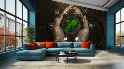 ESG icon concept in the woman hand for environmental, social, and governance by using technology of renewable resources to reduce pollution and carbon emission. Wall mural