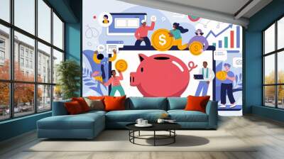 Financial Growth Concept with Piggy Bank and Diverse Team, concept art Wall mural