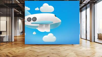 Airplane flying in clouds for travel. blue background for summer travel advertising design . Realistic 3d design of Travel concept in cartoon minimal style Wall mural