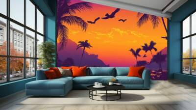 A beautiful sunset over a tropical beach with palm trees in the background Wall mural