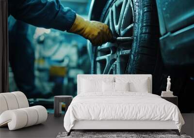 A car tire undergoing a detailed repair process, featuring a mechanic and necessary tools, with room for service-related text. Wall mural