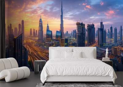 A city skyline with a large building in the middle Wall mural