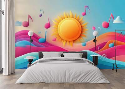 A colorful ocean with a sun in the middle and notes floating around it Wall mural