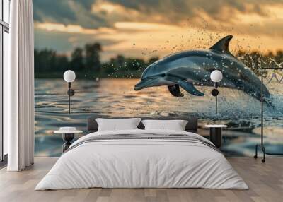 a dolphin jumping over the water surface in a lake with splashing water and a beautiful sky background Wall mural