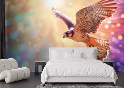 A falcon in a sleek, futuristic party suit, soaring through a dynamic, colorful background with room for text and birthday event information. Wall mural