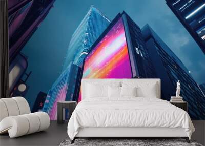 A large screen with a cityscape and neon lights Wall mural