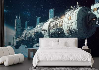 A modular space station floating between Earth and the Moon, with cargo ships docking and astronauts performing maintenance on the exterior, against the backdrop of stars. Wall mural