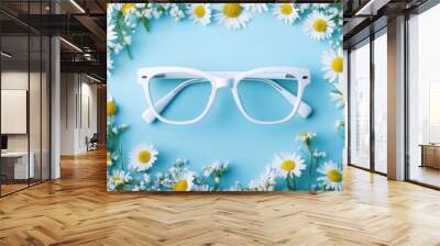 A pair of white glasses is placed on a blue background with yellow flowers Wall mural