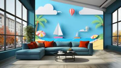 A paper drawing of a beach scene with palm trees and two sailboats Wall mural