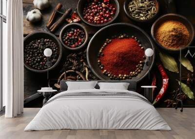 A variety of spices are displayed in bowls on a wooden table Wall mural