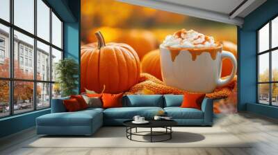 A white coffee cup with a white foam on top sits on a table with a pumpkin Wall mural