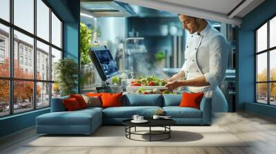 A woman is working in a kitchen with other chefs Wall mural