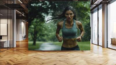 A woman running in the rain with her hair wet Wall mural