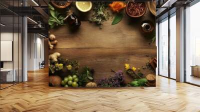 A wooden table with a variety of herbs and spices, including basil, parsley Wall mural