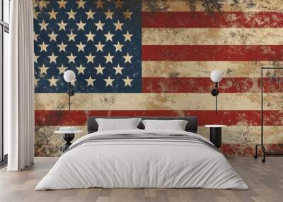 A yellow hard hat sits on top of a rusty American flag Wall mural