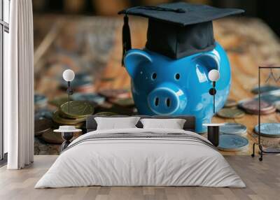 Blue piggy bank wearing a graduation cap on a wooden table full of coins college savings Accumulated debt and taxes Economic Fund Budget Wall mural