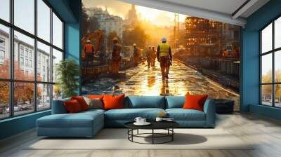 group of construction worker ,realistic , long shot Wall mural