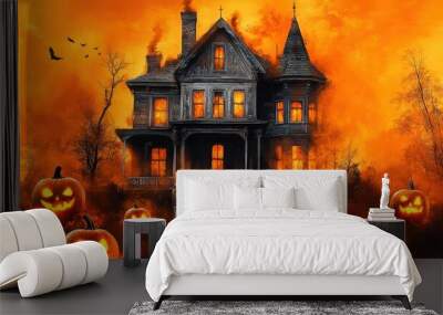 haunted house, ghost, orange background Wall mural