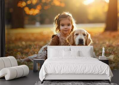 Little girl and dog in the park Wall mural