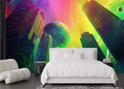 Metaverse, a mix of real and virtual, skyscrapers, virtual architecture, cyberspace and planets. Wall mural