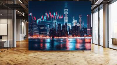 Overlooking the bright lights of Broadway at night, a forex trading chart is projected onto the river, symbolizing the integration of finance and modern city life. Wall mural