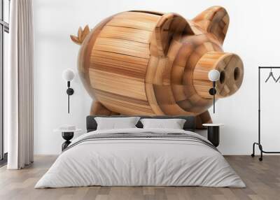 Piggy bank made of bamboo isolated on white. Environmentally friendly friends Wall mural