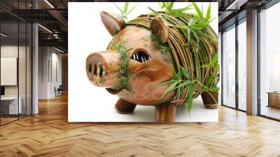 Piggy bank made of bamboo isolated on white. Environmentally friendly friends Wall mural