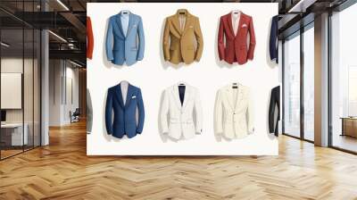 Refined men attire with a diverse color palette, neatly displayed on a minimalist white background. Wall mural