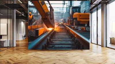 Steel railway construction, with large metal rails being welded and positioned by heavy machinery and construction teams. Wall mural