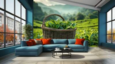 Tea, tea fields, bamboo baskets for tea Wall mural